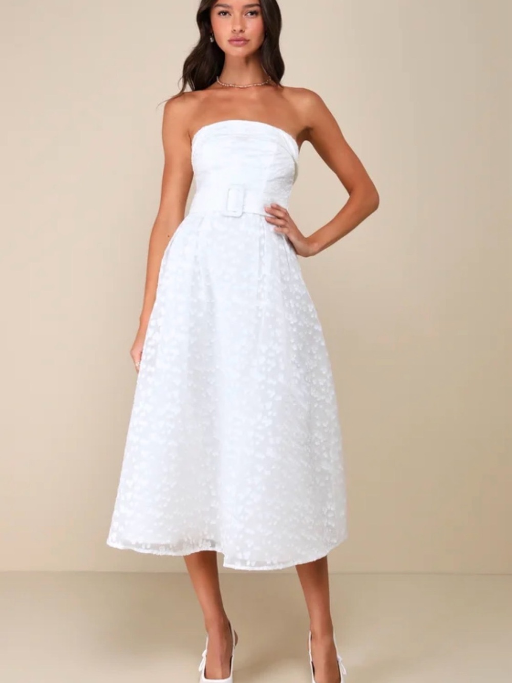 Lulus Enviable Grace White Burnout Strapless Belted Midi Dress